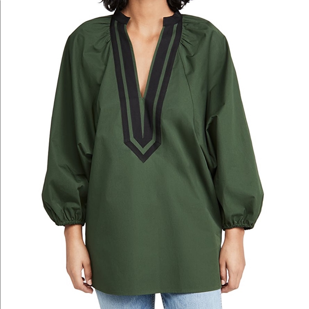 Tory Burch Green and Black Puffed Sleeve V-Neck Tunic Top